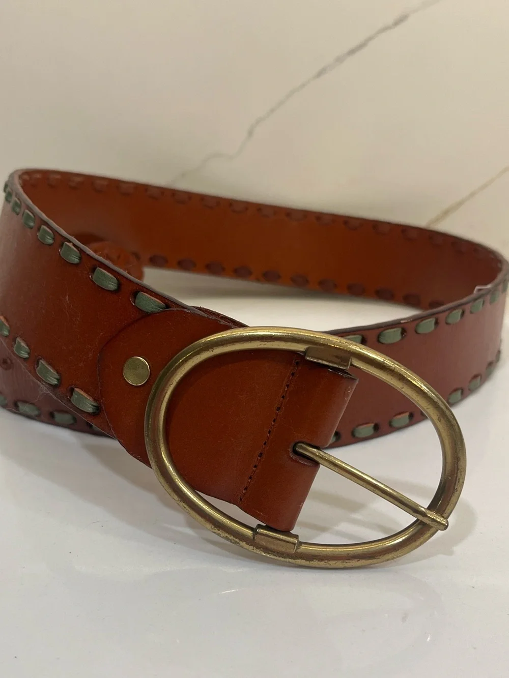Genuine Leather Brown Statement Belt with Brass Oval Buckle